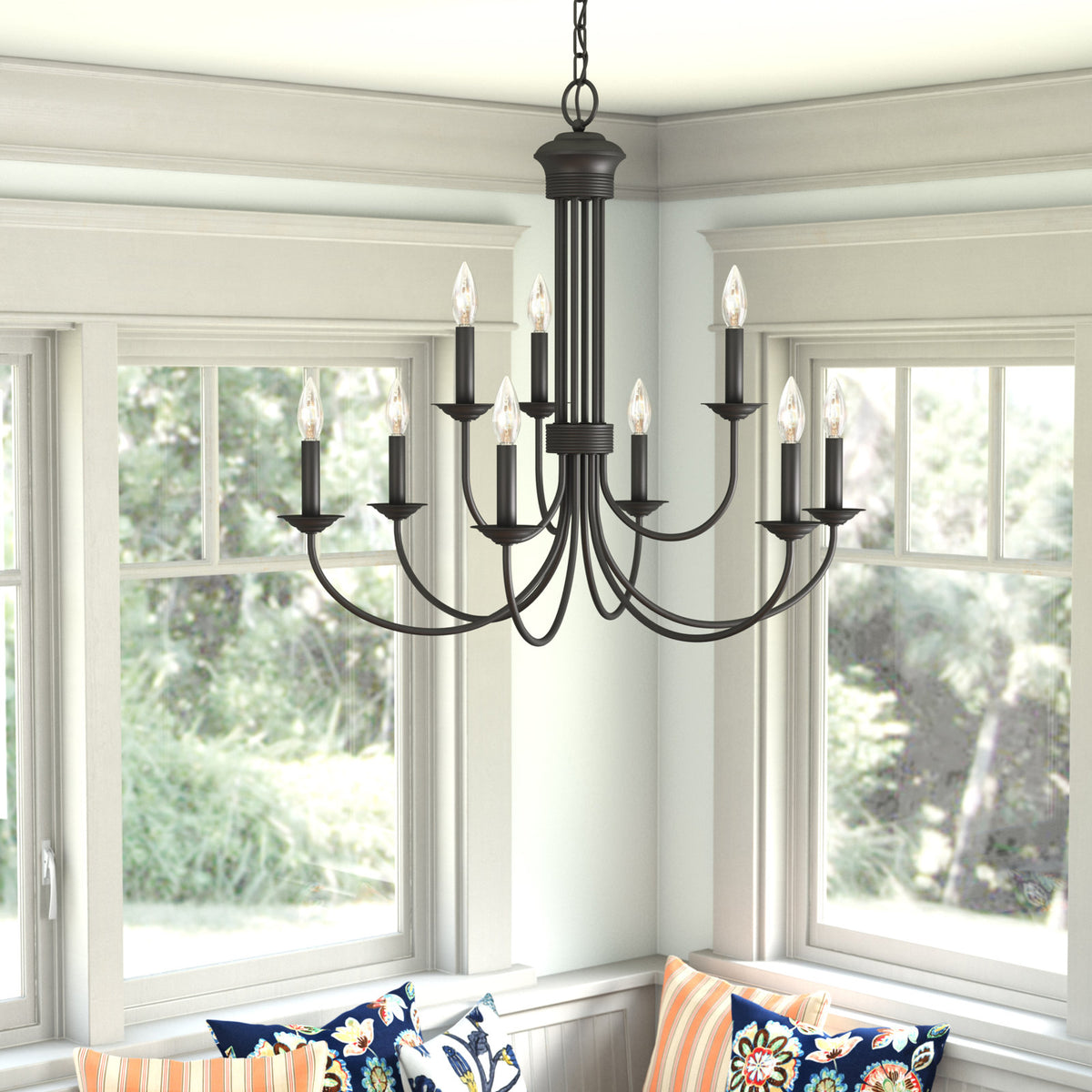 Chandelier, 9-Light Two-Tier Candle Style in Black Metal