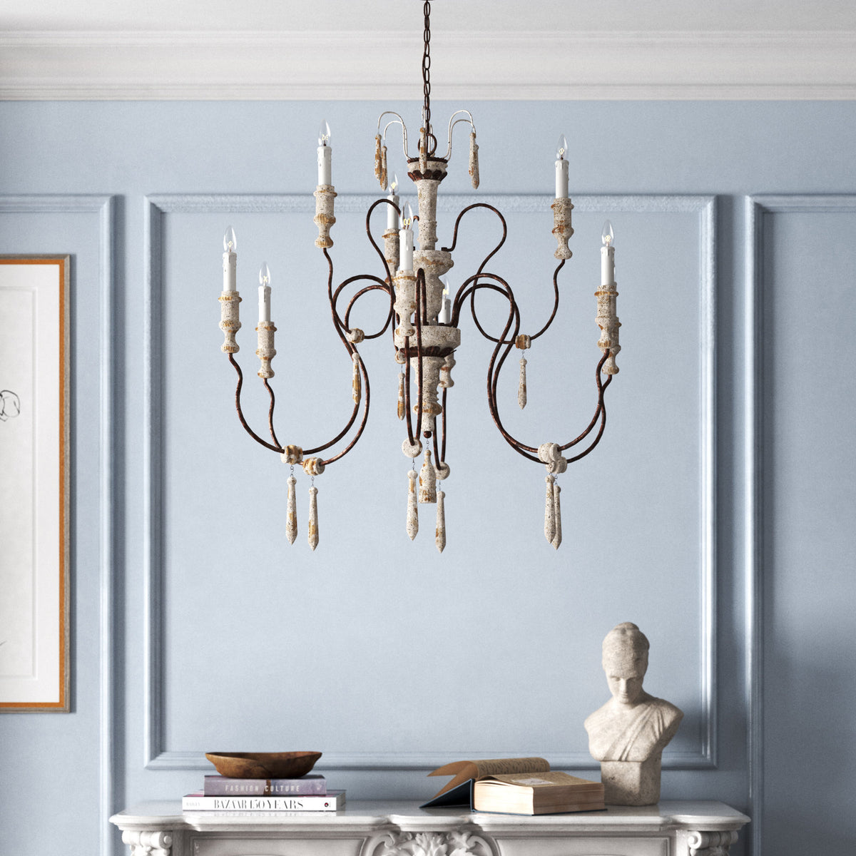 Chandelier, 9-Light Two-Tier Empire Style in Metal and Wood
