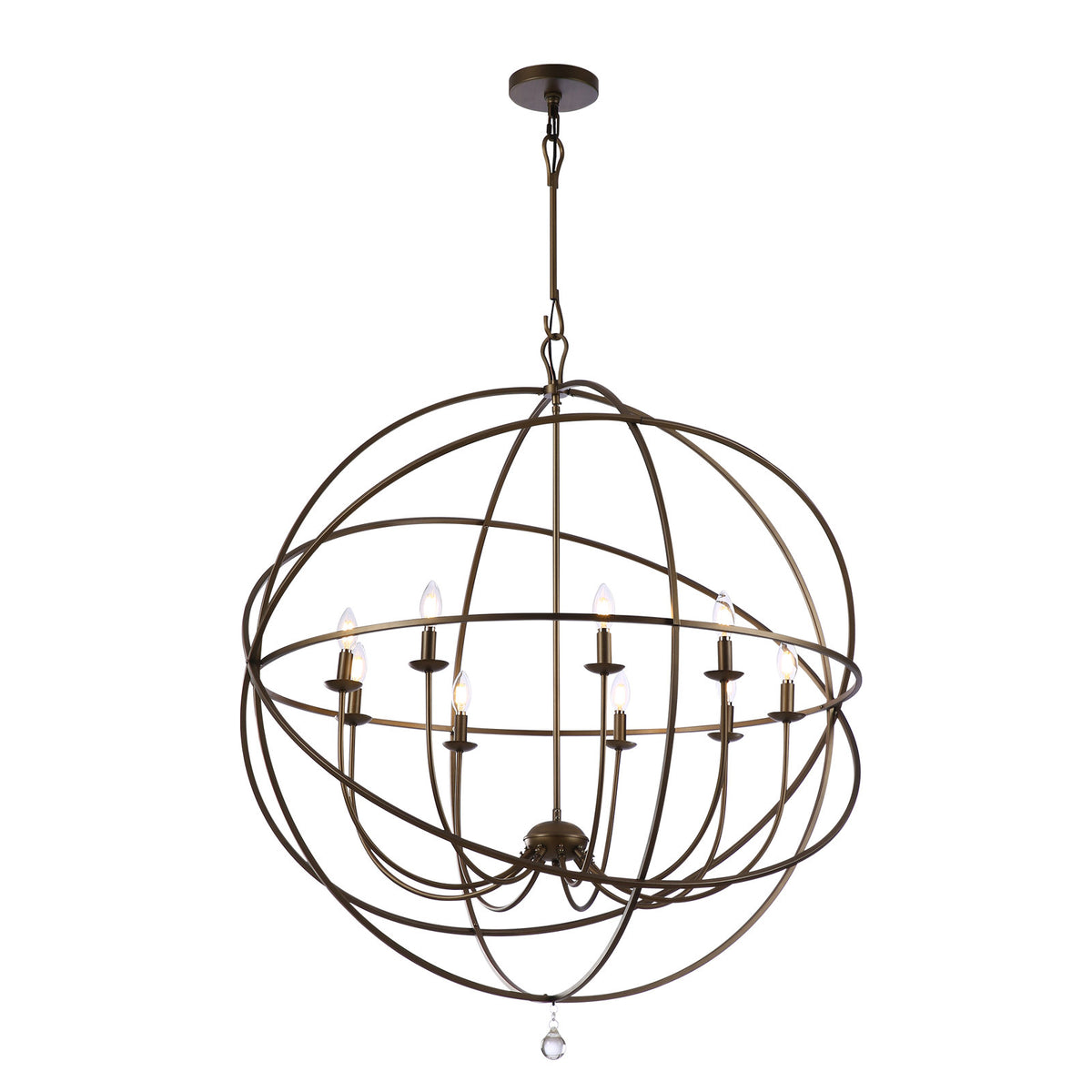 Chandelier, 9 Lights, Brown Metal with Stainless Steel