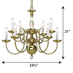 Chandelier with 10 Lights and Steel Frame in Polished Brass