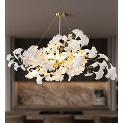 Chandelier with 10 Lights, Gold Iron and White Ceramic Ginkgo Leaves