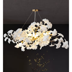 Chandelier with 10 Lights, Gold Iron and White Ceramic Ginkgo Leaves