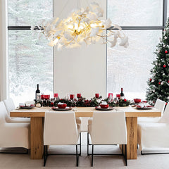 Chandelier with 10 Lights, Gold Iron and White Ceramic Ginkgo Leaves