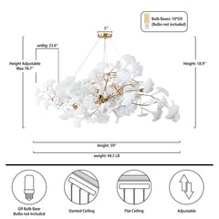 Chandelier with 10 Lights, Gold Iron and White Ceramic Ginkgo Leaves