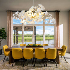 Chandelier with 10 Lights, Gold Iron and White Ceramic Ginkgo Leaves