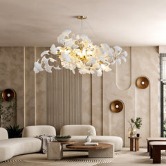 Chandelier with 10 Lights, Gold Iron and White Ceramic Ginkgo Leaves