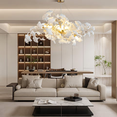 Chandelier with 10 Lights, Gold Iron and White Ceramic Ginkgo Leaves