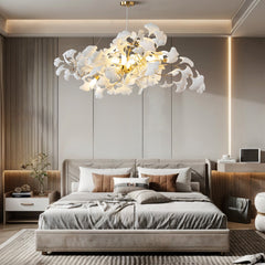 Chandelier with 10 Lights, Gold Iron and White Ceramic Ginkgo Leaves