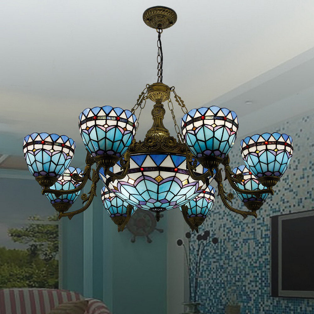 Chandelier with 11 Lights, Blue Stained Glass Shade