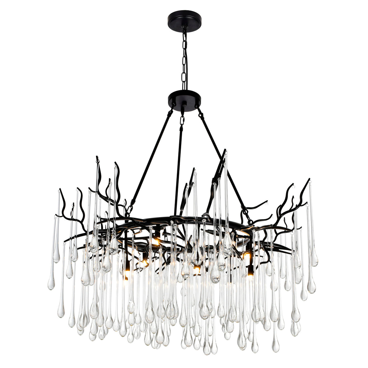 Chandelier with 12 Lights, 43 in Diameter, Black Metal with Clear Crystals