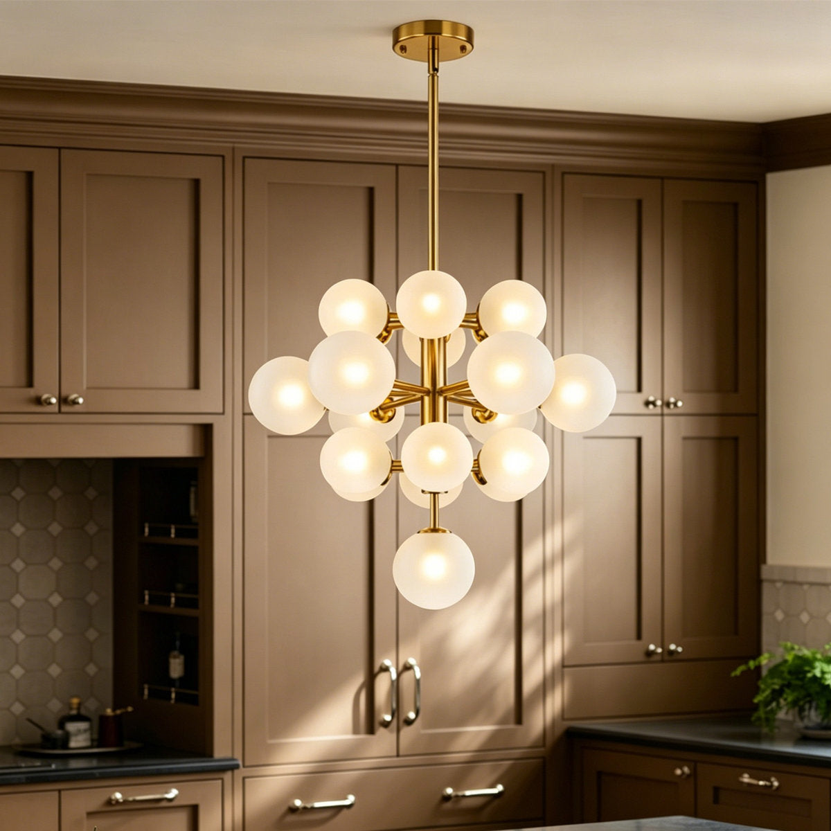 Chandelier with 19 Frosted Glass Spheres in Gold Finish