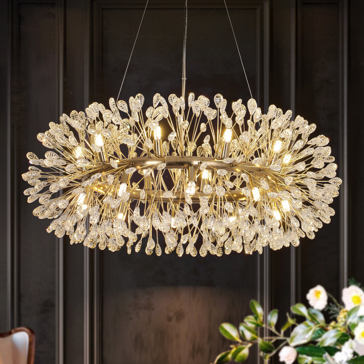 Chandelier with 20 Lights and Crystal Strands in Gold