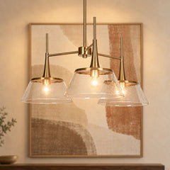 Chandelier with 3 Clear Seeded Glass Shades in Gold Finish