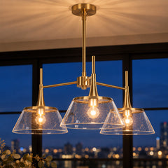 Chandelier with 3 Clear Seeded Glass Shades in Gold Finish