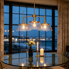 Chandelier with 3 Clear Seeded Glass Shades in Gold Finish