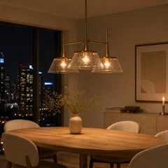 Chandelier with 3 Clear Seeded Glass Shades in Gold Finish