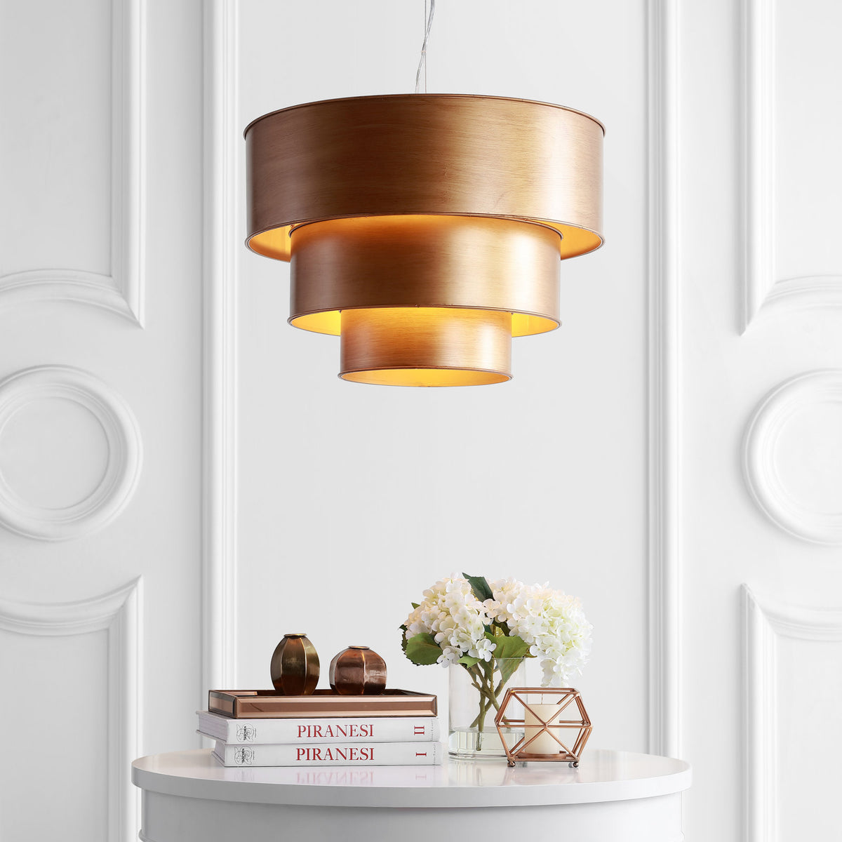 Chandelier with 3 Lights and Concentric Rings in Gold Metal