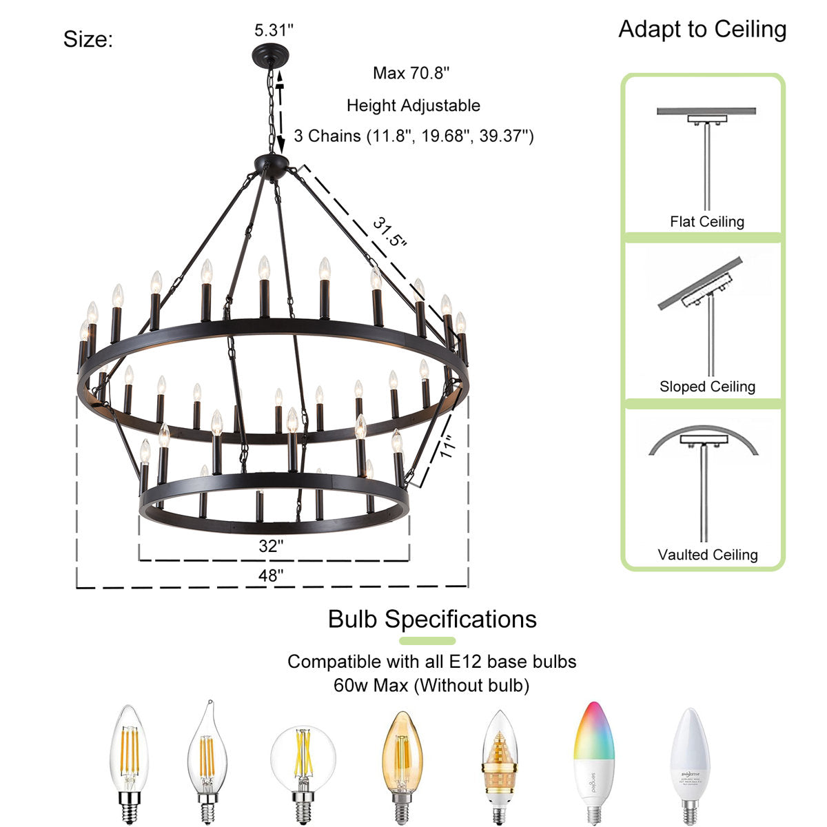 Chandelier with 36 Lights in Matte Black Metal
