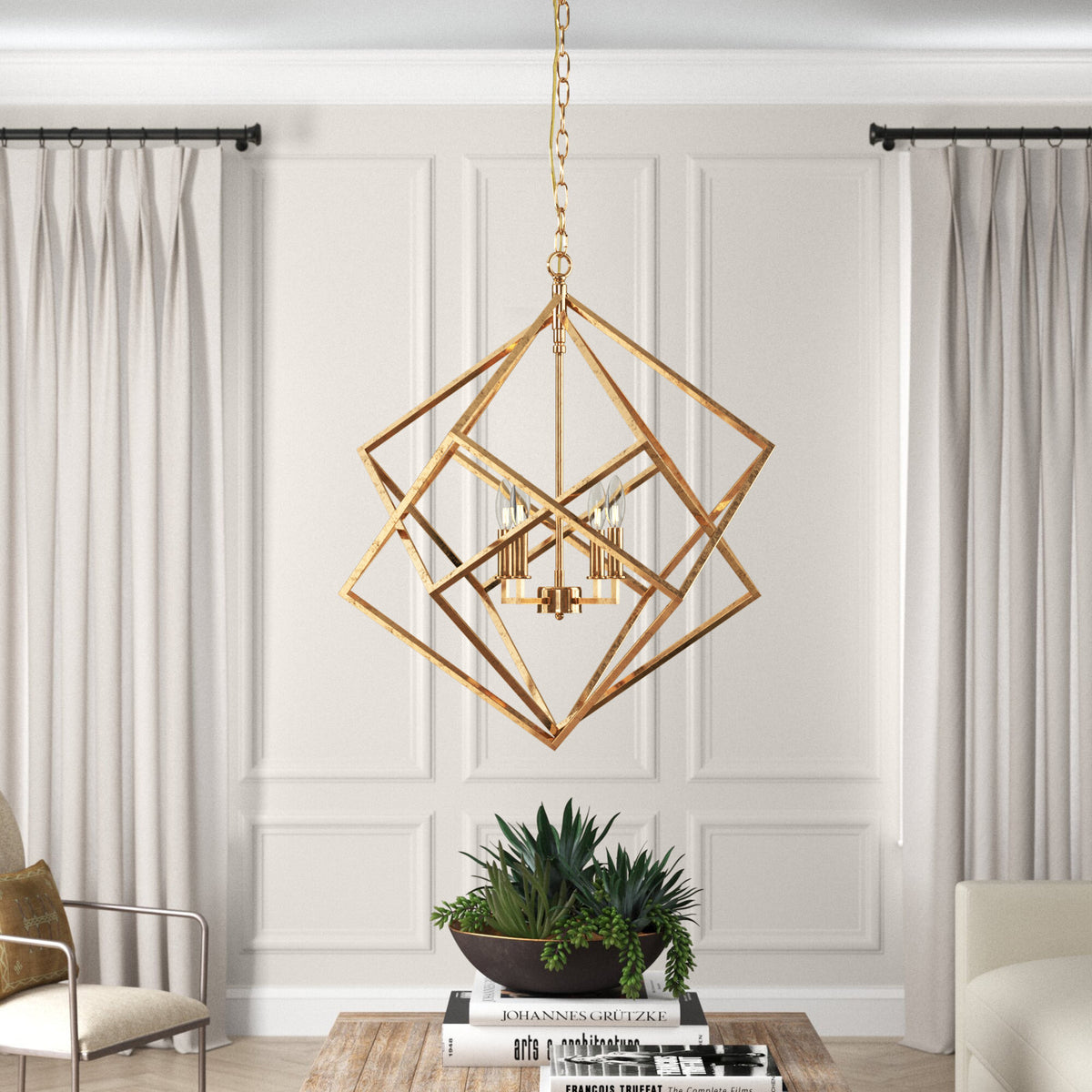 Chandelier with 4 Candle Lights in Gold Metal