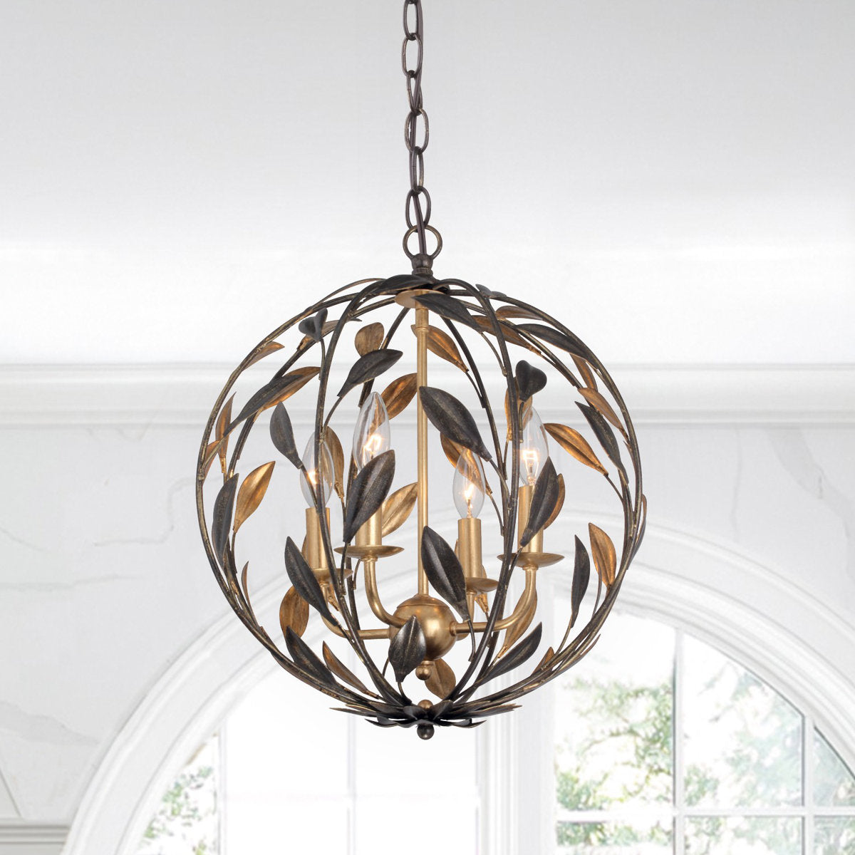 Chandelier with 4 Lights and Floral Metal Leaves in Bronze