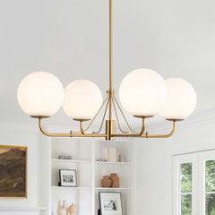 Chandelier with 4 White Glass Globes in Brushed Gold