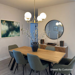Chandelier with 4 White Glass Globes in Brushed Gold