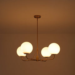 Chandelier with 4 White Glass Globes in Brushed Gold