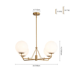Chandelier with 4 White Glass Globes in Brushed Gold