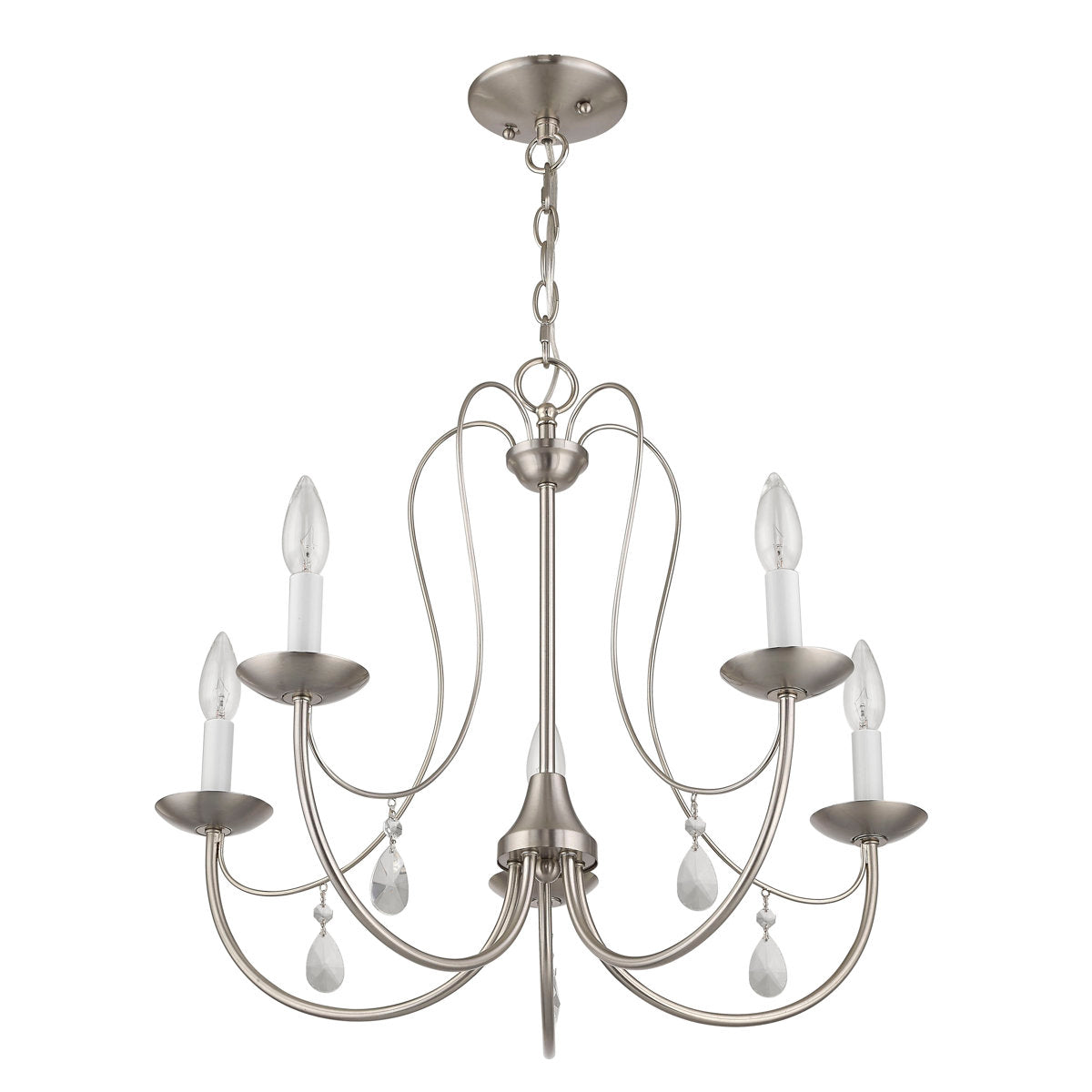 Chandelier with 5 Candle-Style Lights, Metal with Crystal Accents in Brushed Nickel