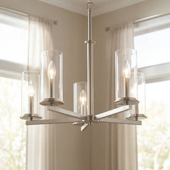 Chandelier with 5 Clear Glass Shades in Brushed Nickel