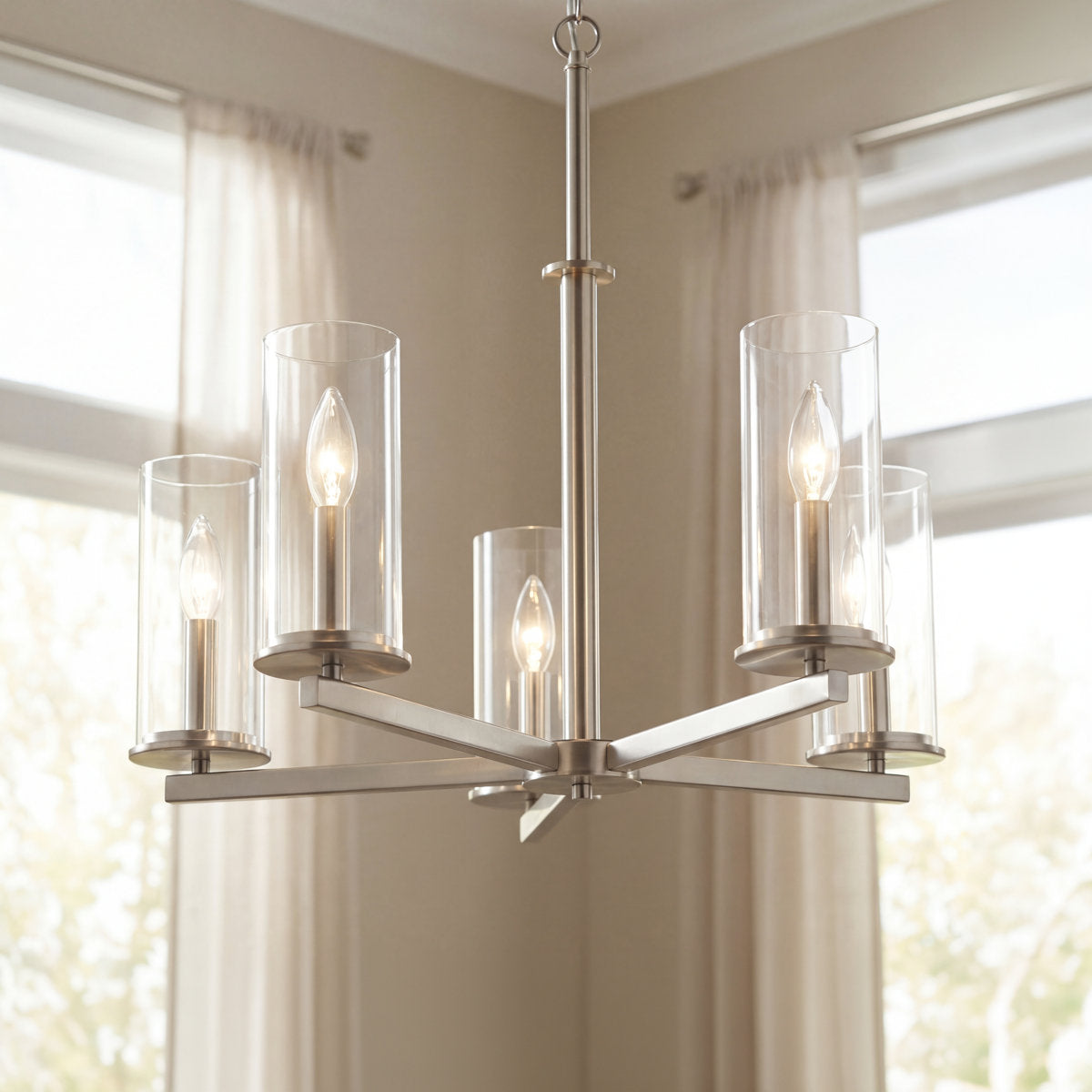 Chandelier with 5 Clear Glass Shades in Brushed Nickel