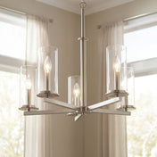 Chandelier with 5 Clear Glass Shades in Brushed Nickel