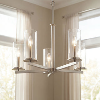 Chandelier with 5 Clear Glass Shades in Brushed Nickel