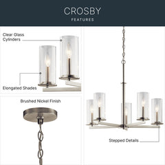 Chandelier with 5 Clear Glass Shades in Brushed Nickel
