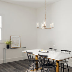 Chandelier with 5 Clear Glass Shades in Brushed Nickel