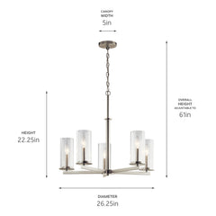 Chandelier with 5 Clear Glass Shades in Brushed Nickel