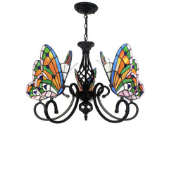 Chandelier with 5 Lights and Butterfly Glass Shades in Matte Black