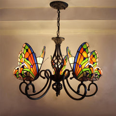 Chandelier with 5 Lights and Butterfly Glass Shades in Matte Black