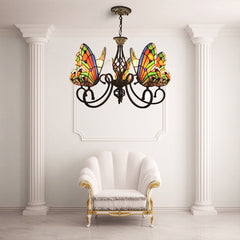 Chandelier with 5 Lights and Butterfly Glass Shades in Matte Black