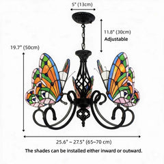 Chandelier with 5 Lights and Butterfly Glass Shades in Matte Black