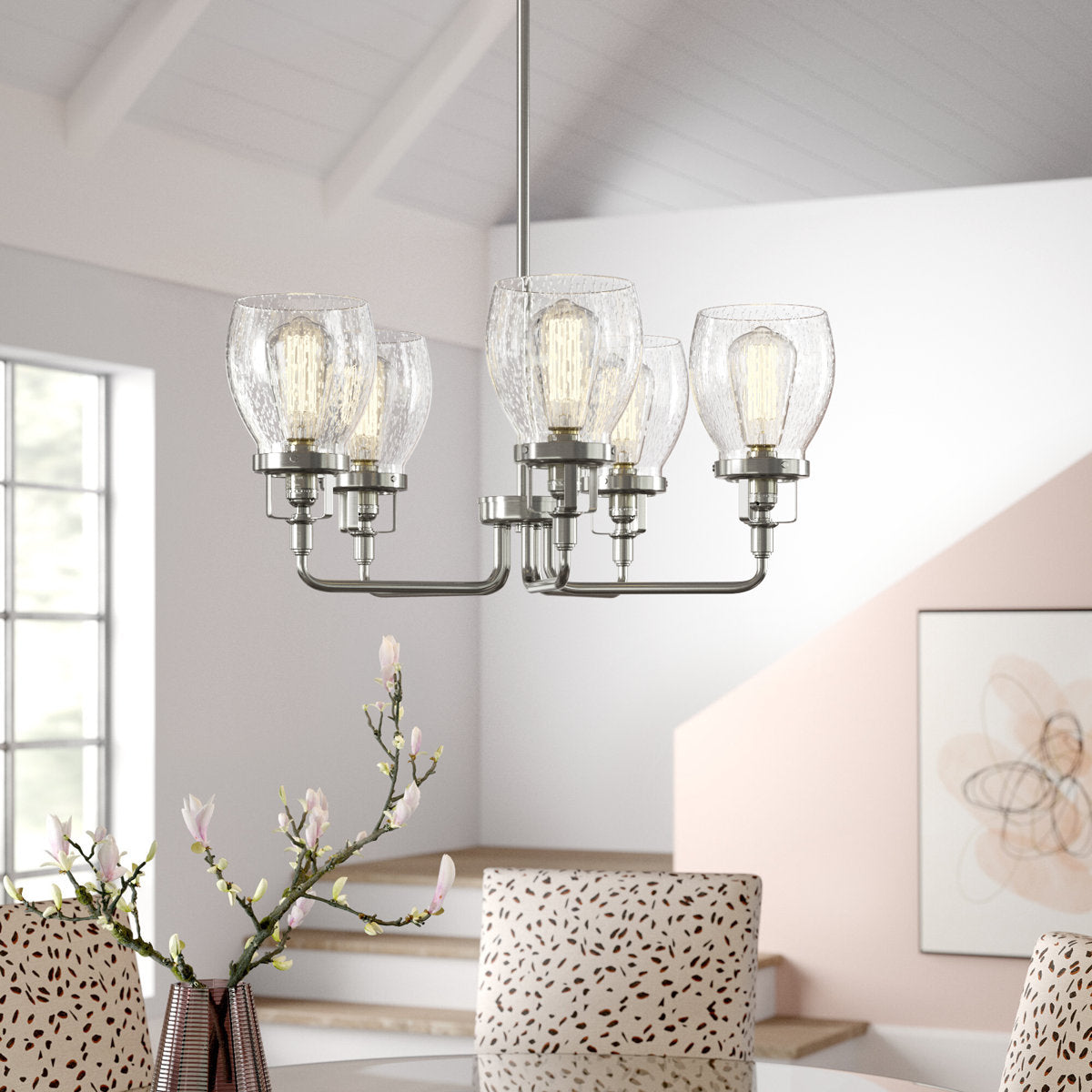 Chandelier with 5 Lights and Clear Seeded Glass Shades in Brushed Nickel