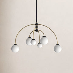Chandelier with 6 Frosted Glass Shades in Matte Black and Brass