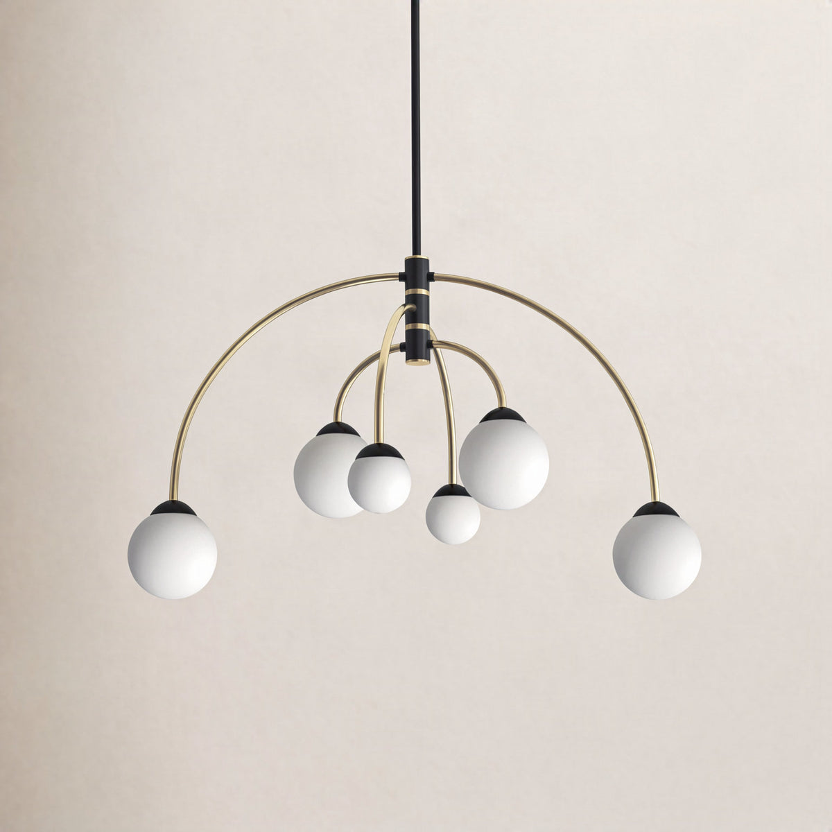 Chandelier with 6 Frosted Glass Shades in Matte Black and Brass