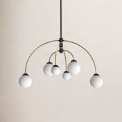 Chandelier with 6 Frosted Glass Shades in Matte Black and Brass