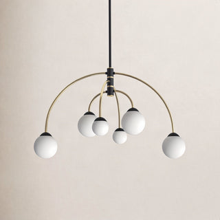 Chandelier with 6 Frosted Glass Shades in Matte Black and Brass