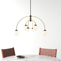 Chandelier with 6 Frosted Glass Shades in Matte Black and Brass