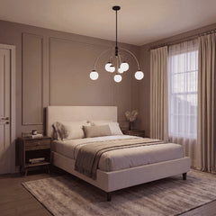 Chandelier with 6 Frosted Glass Shades in Matte Black and Brass