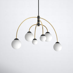 Chandelier with 6 Frosted Glass Shades in Matte Black and Brass