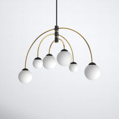 Chandelier with 6 Frosted Glass Shades in Matte Black and Brass