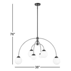 Chandelier with 6 Frosted Glass Shades in Matte Black and Brass